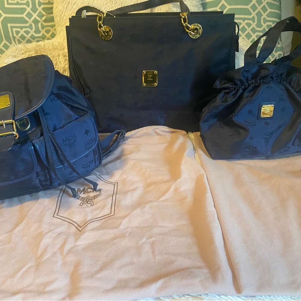 MCM navy blue full size jacquard monogram TOTE